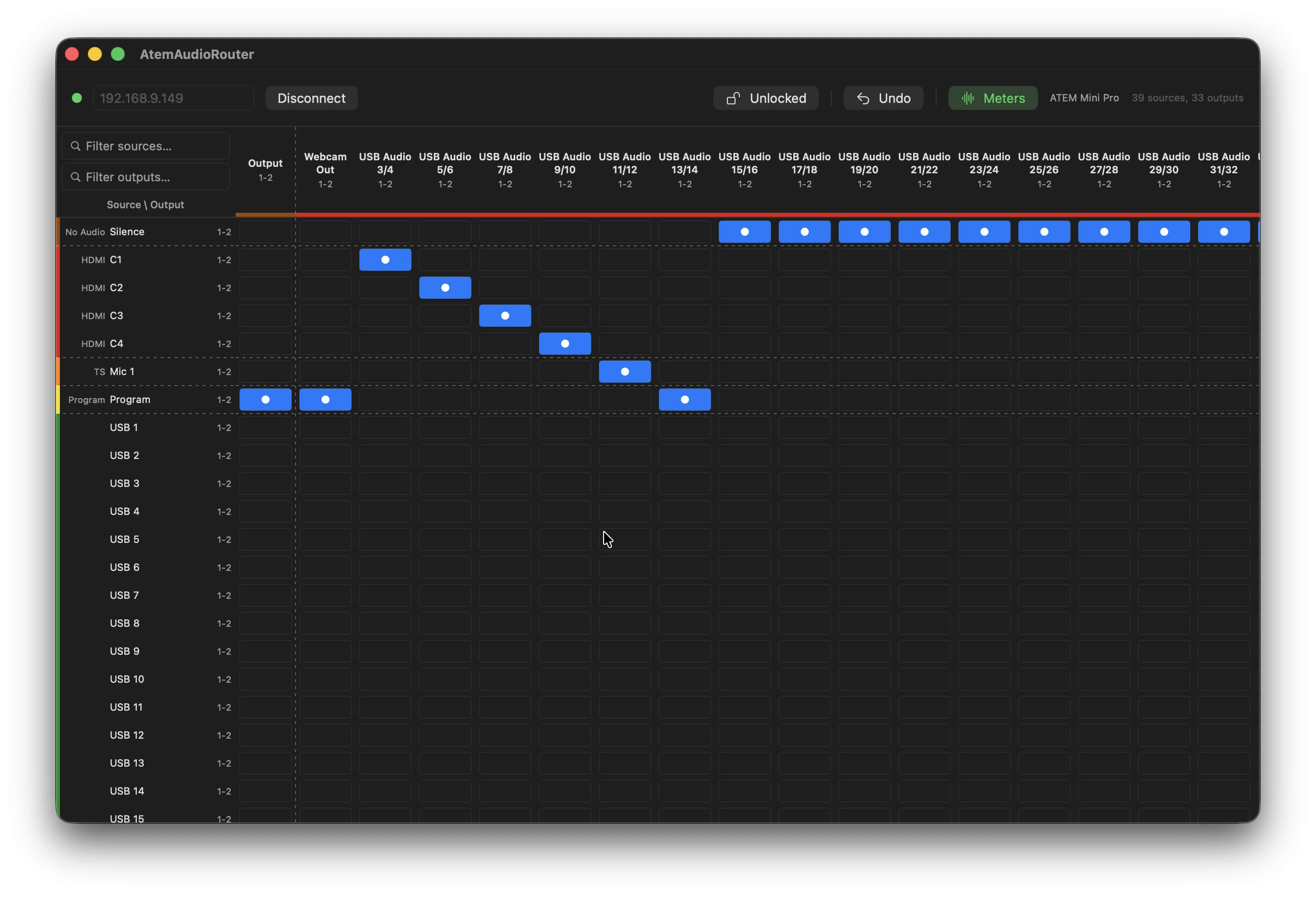ATEM Audio Router interface showing the audio routing matrix with level metering
