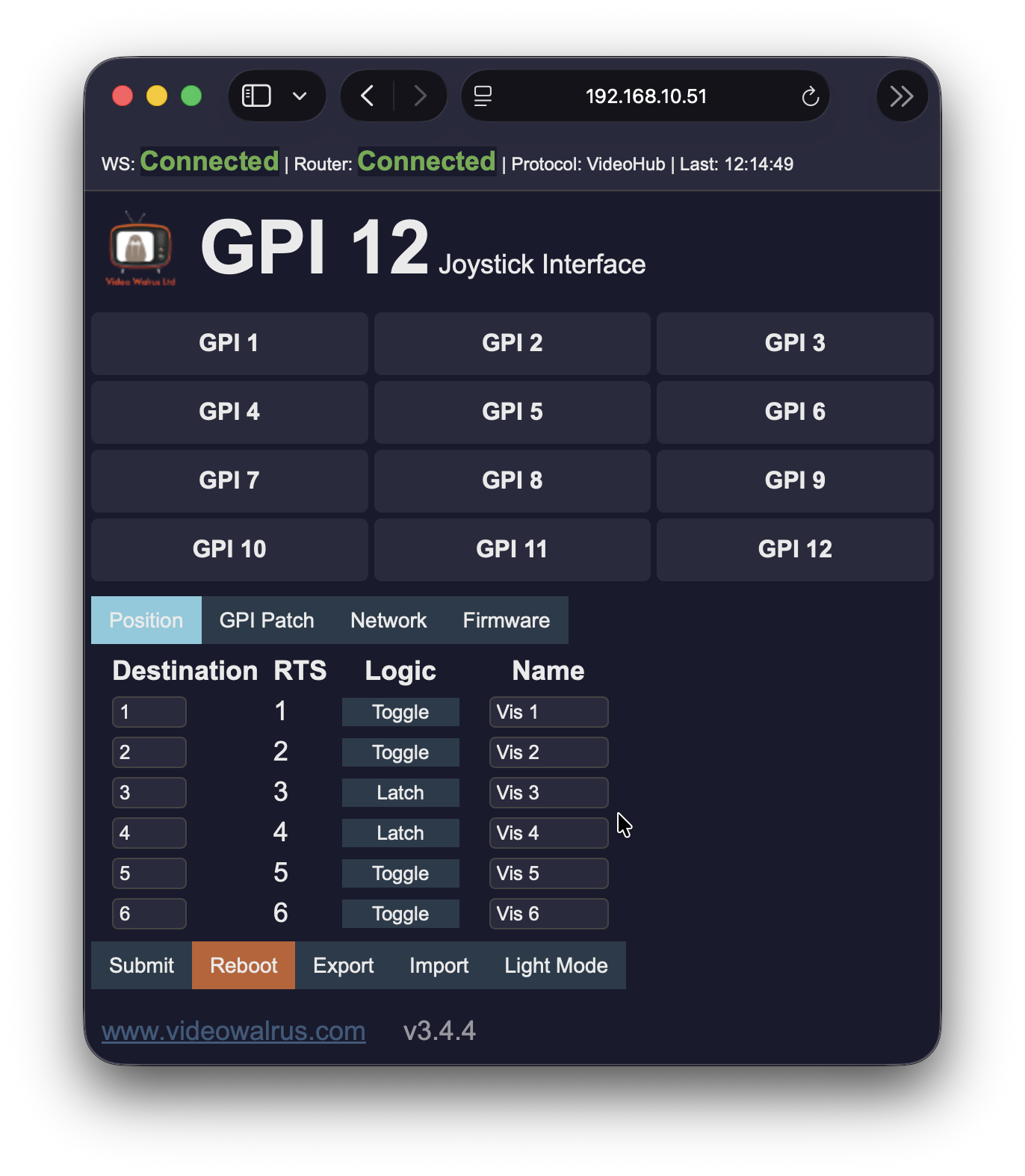 GPI-12 Joystick Interface web GUI