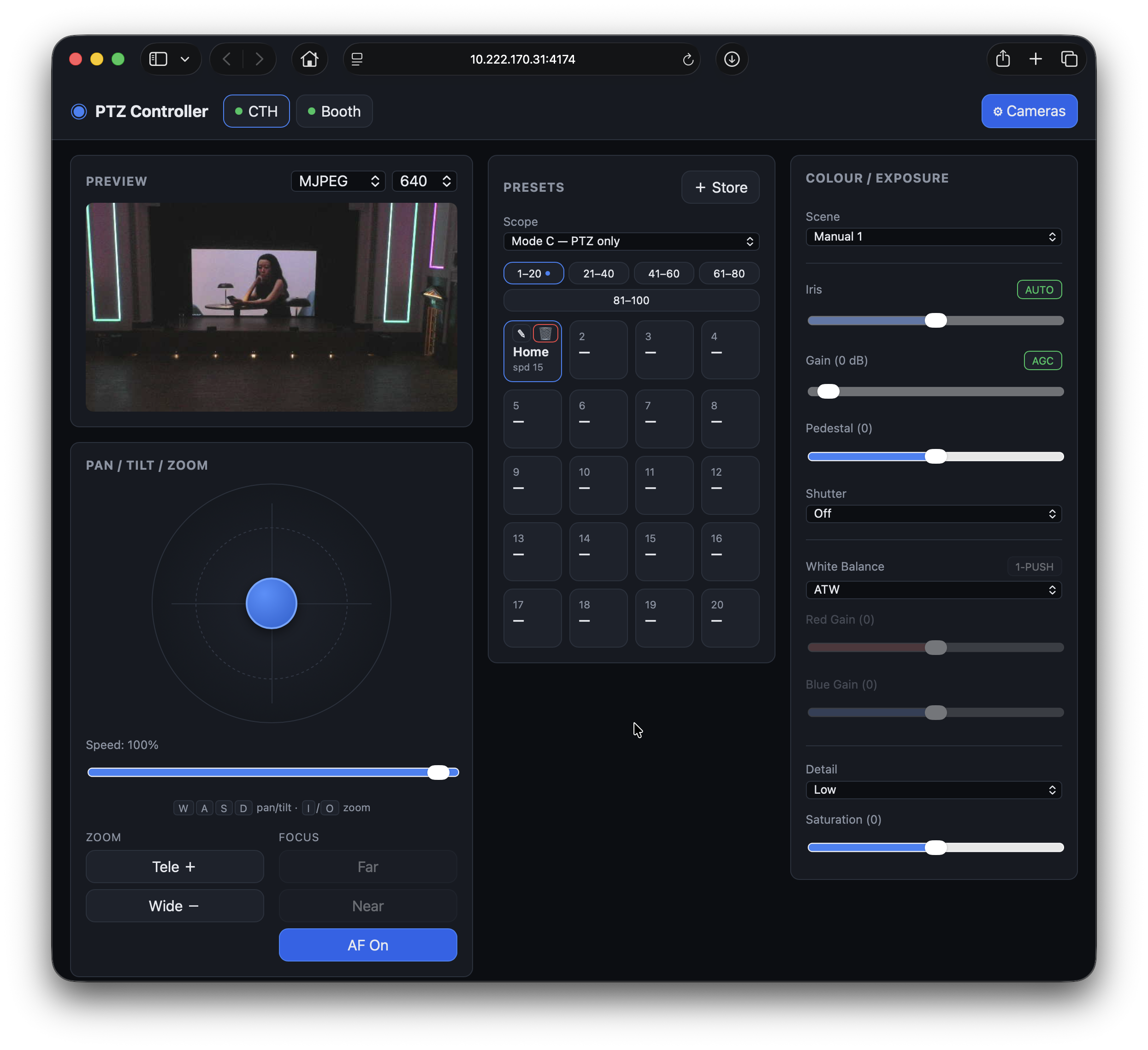PTZ Controller browser interface with live preview, pan/tilt/zoom pad, presets grid and colour/exposure controls