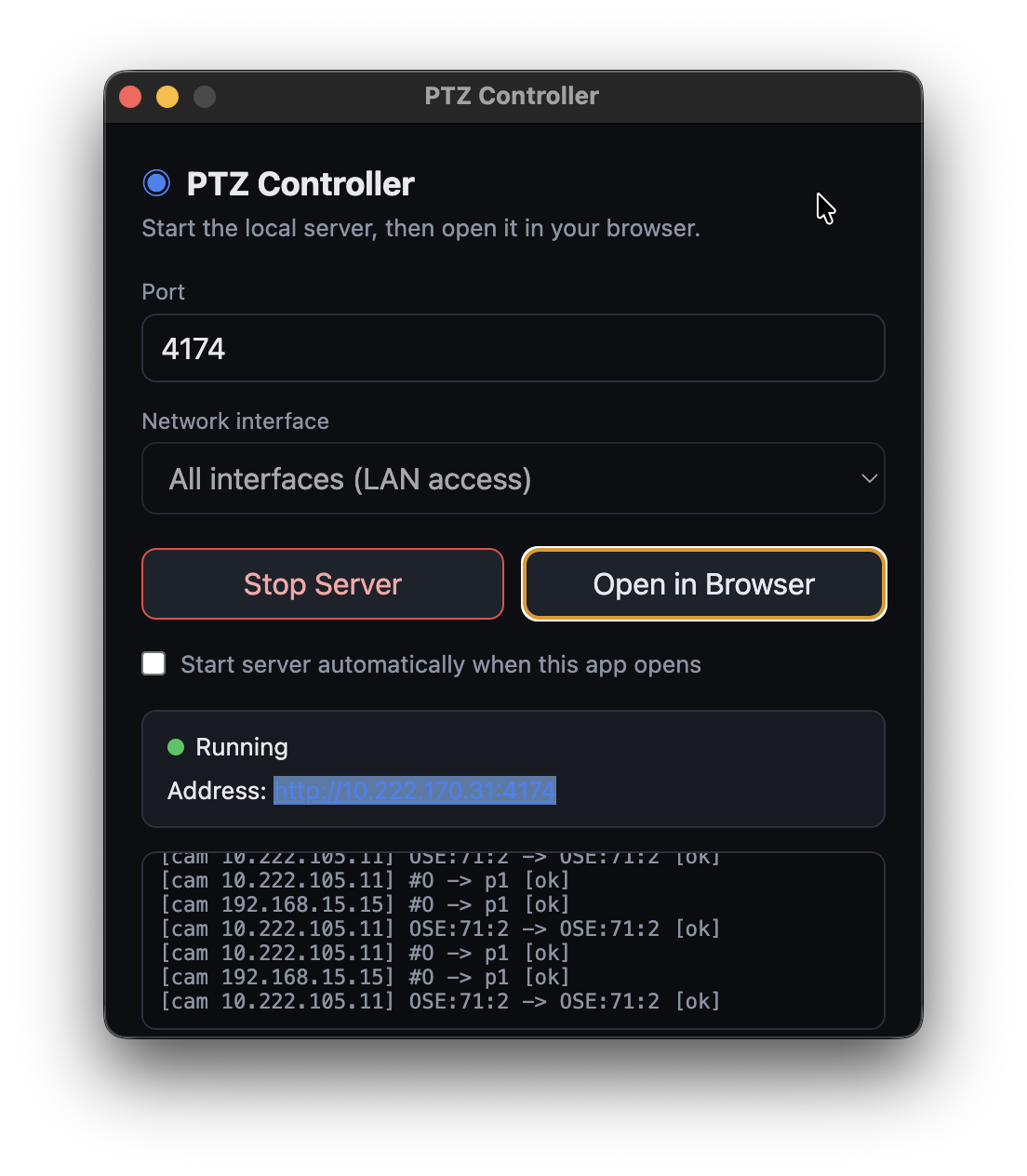 PTZ Controller server window showing port, network interface and running status