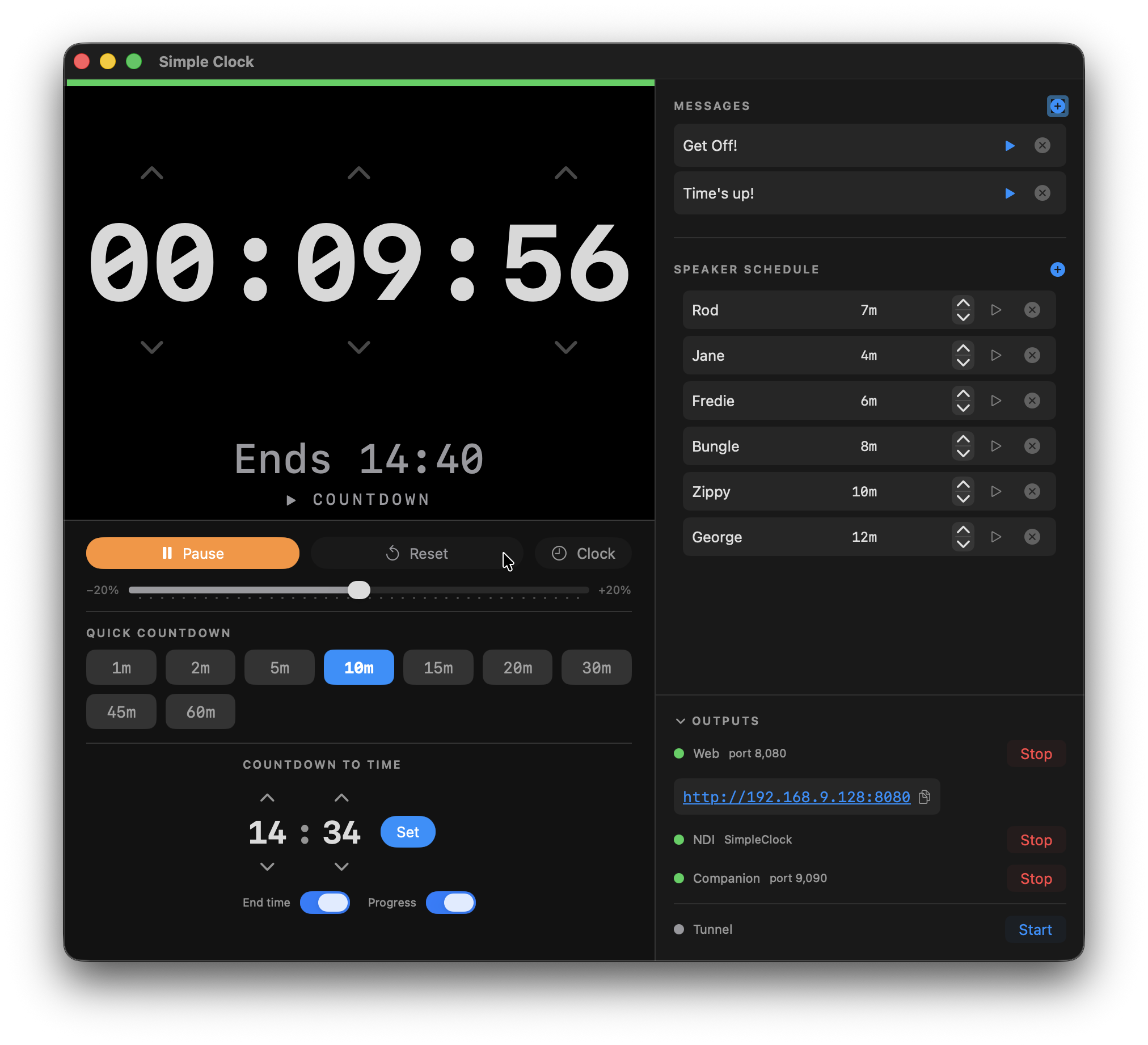 Simple Clock interface showing countdown timer, speaker schedule, message presets and output controls
