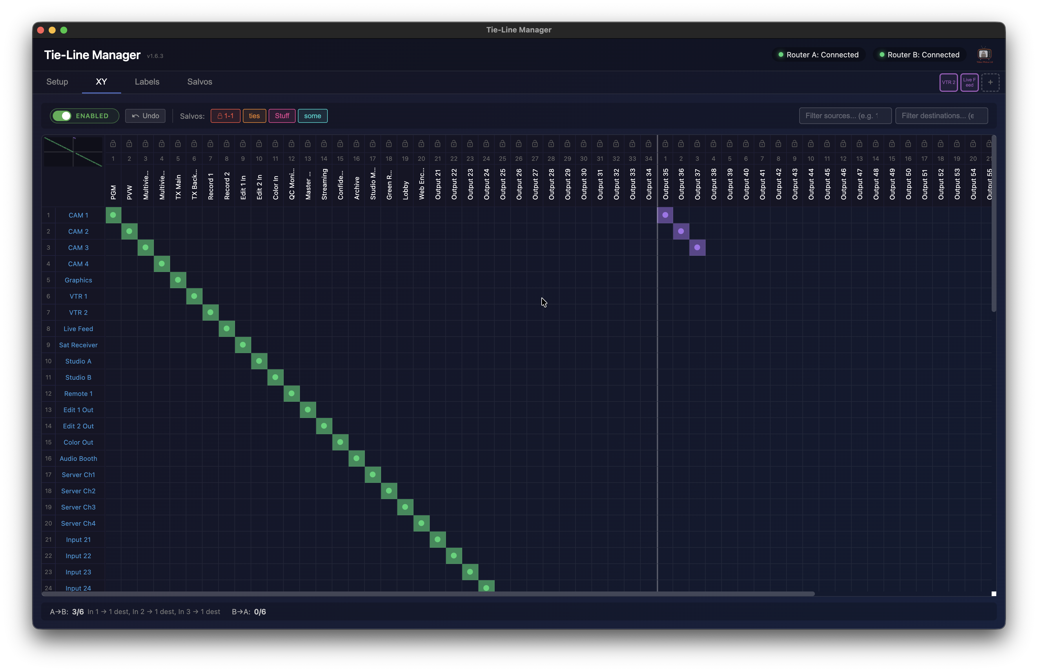 Virtual router XY crosspoint grid