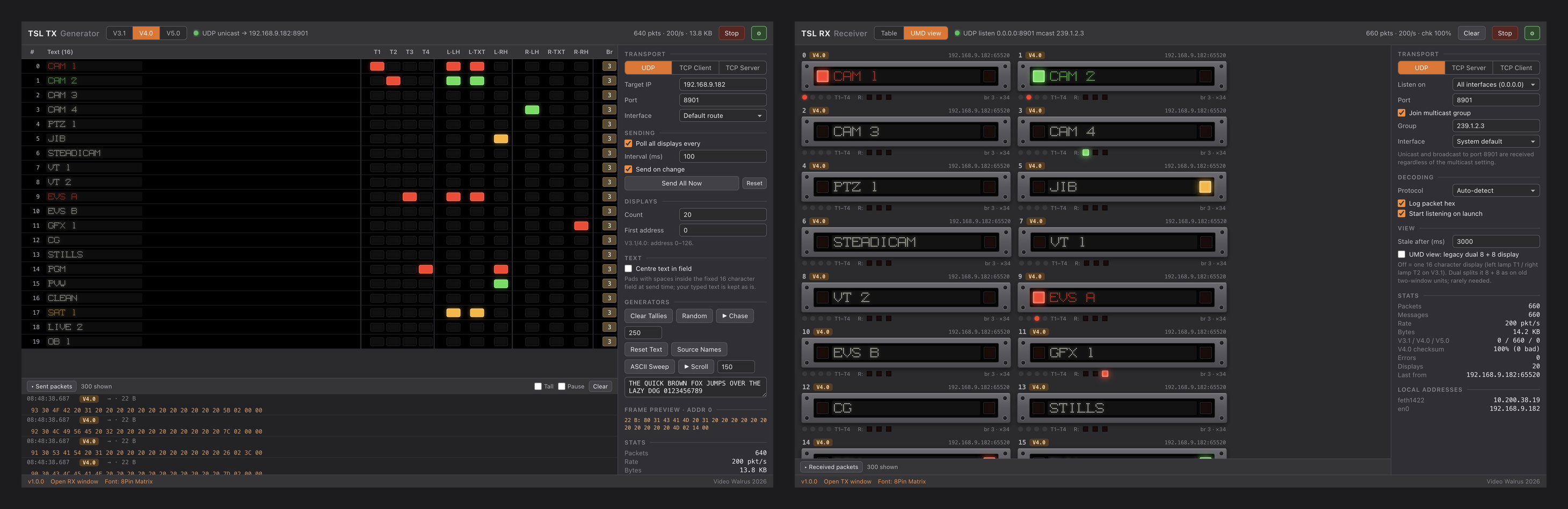 TSL Test Bench TX generator and RX receiver windows side by side