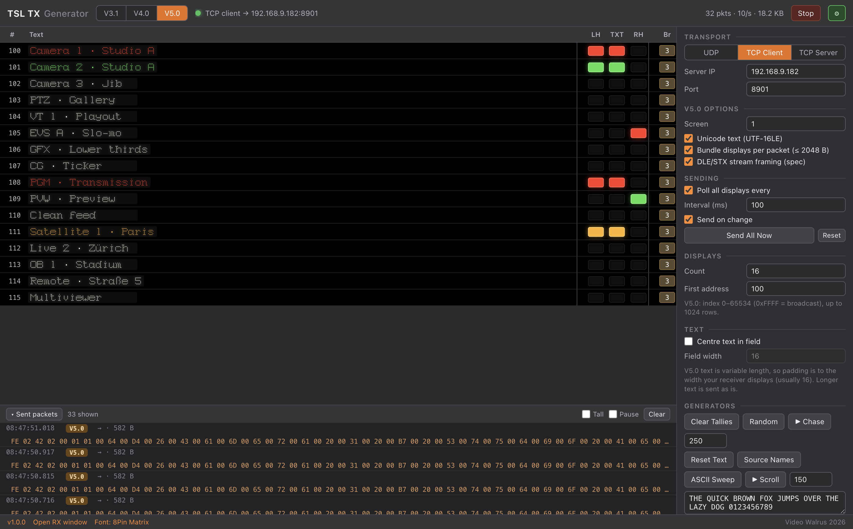 TX window with display grid, lamp columns, V5.0 options and generators